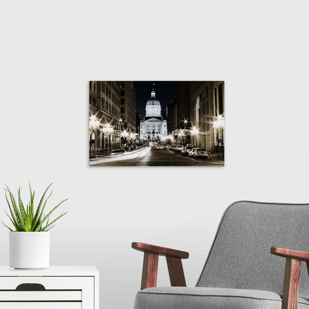 A modern room featuring View of Indiana State House in downtown Indianapolis, Indiana as seen from Monument Circle.