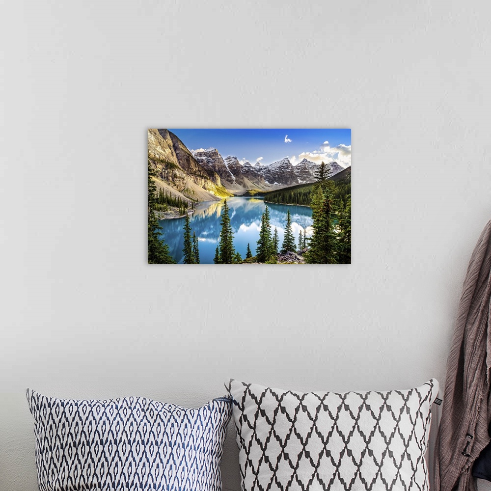 A bohemian room featuring Landscape sunset view of Morain lake and mountain range, Alberta, Canada.