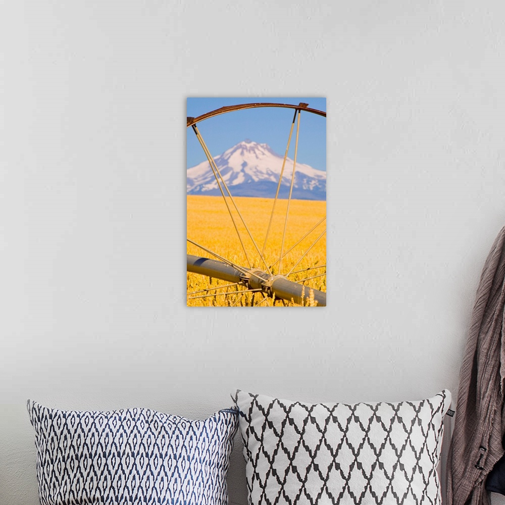 A bohemian room featuring View of Mount Hood through farming equipment, Oregon, USA