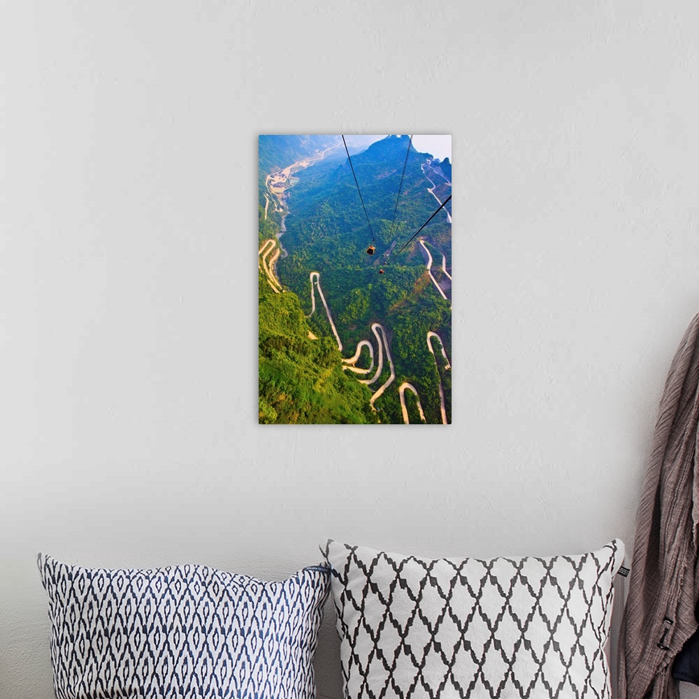 A bohemian room featuring View of mountains and winding road in Mount Tianmen, National Forest Park in western Hunan provin...
