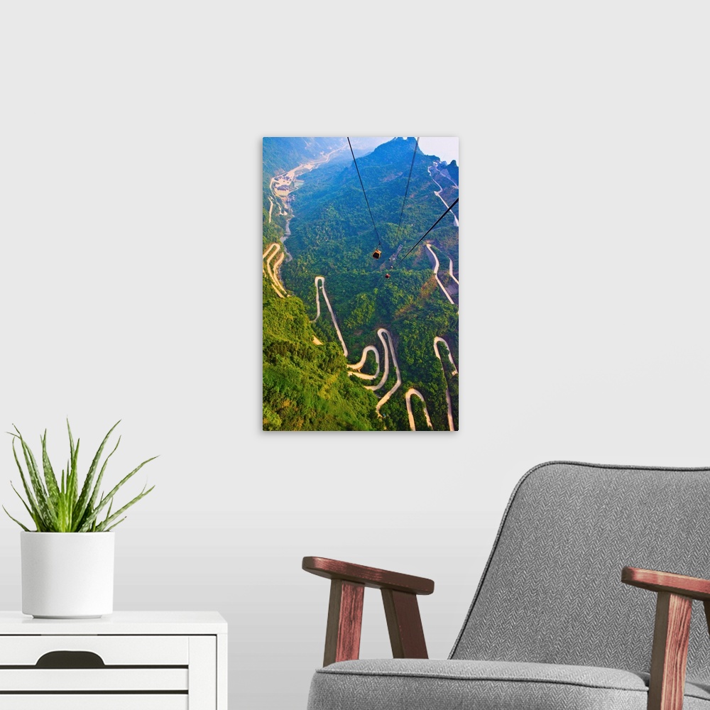 A modern room featuring View of mountains and winding road in Mount Tianmen, National Forest Park in western Hunan provin...