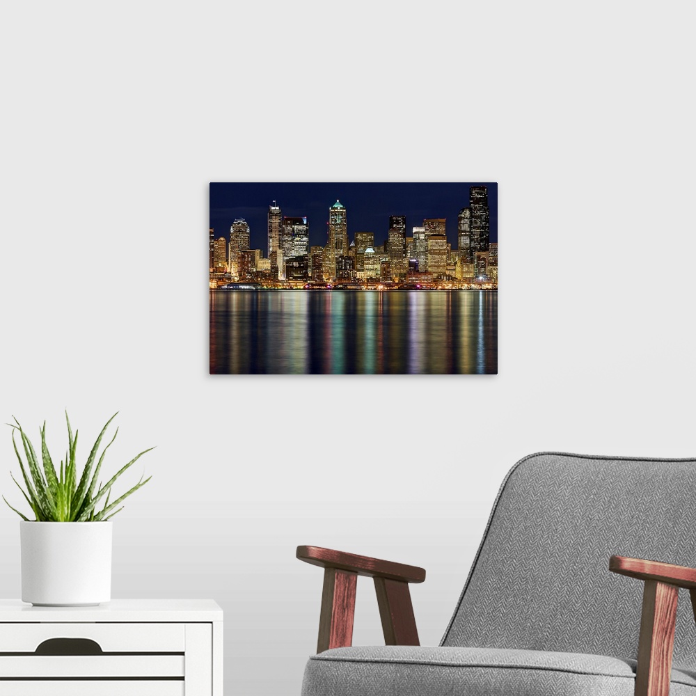 A modern room featuring View of Seattle skyline, and waterfront in west Seattle looking across Elliot bay.