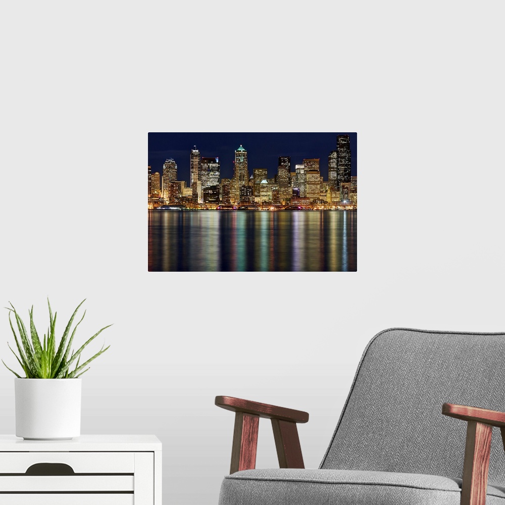A modern room featuring View of Seattle skyline, and waterfront in west Seattle looking across Elliot bay.