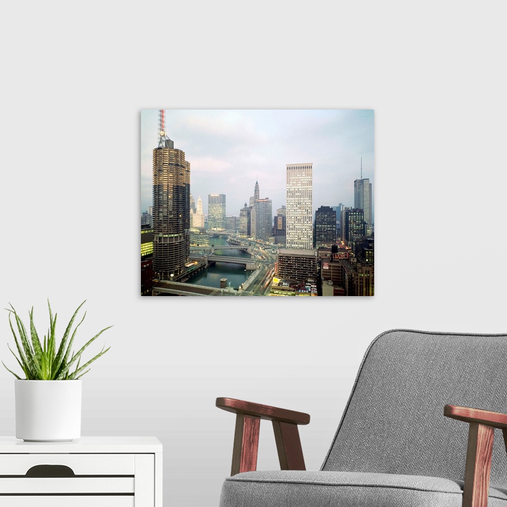 A modern room featuring Looking east with Chicago River in pictures, buildings are (left foreground, clockwise): Marine C...