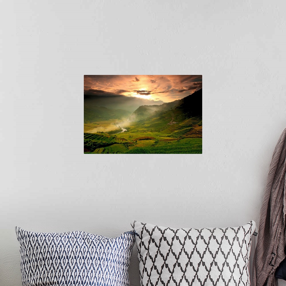A bohemian room featuring Photograph of rolling hills and farmland with a winding lake and mountains in the background unde...