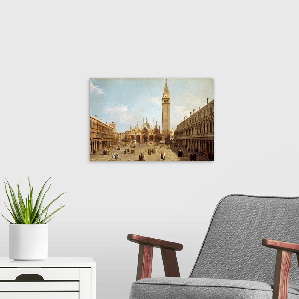 A modern room featuring View of the Piazza San Marco in Venice. Painting by Antonio Canal better known as Canaletto (1697...