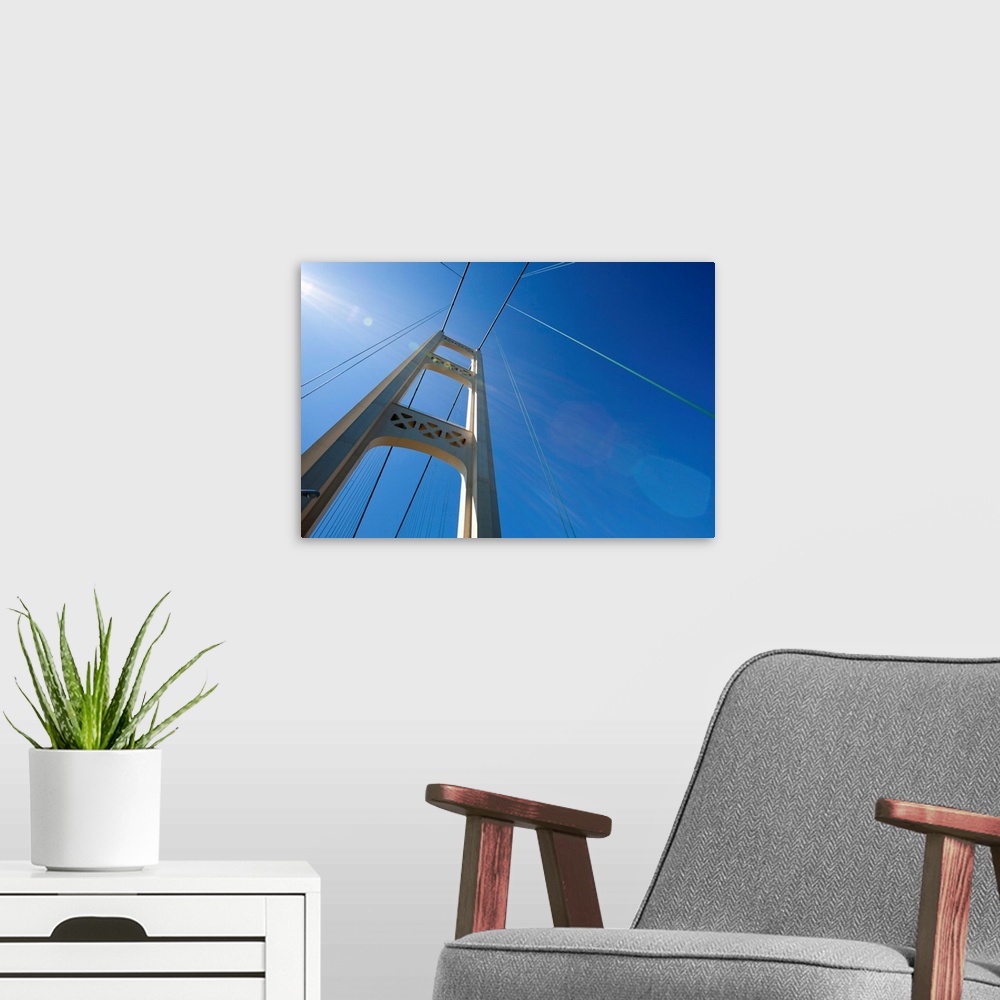 A modern room featuring View of bridge tower from car driving across Mackinac Bridge on a sunny spring morning.