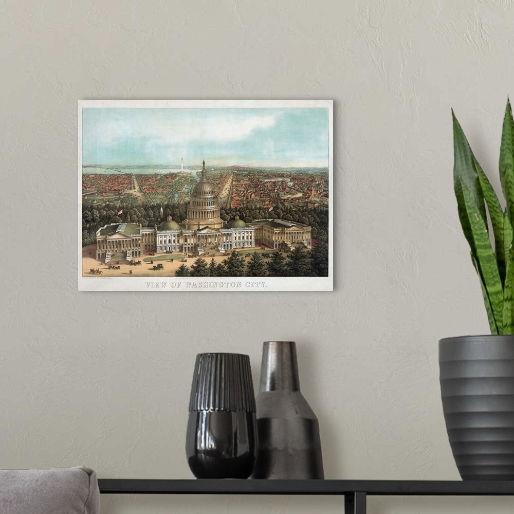 A modern room featuring Print showing a bird's-eye view of Washington, D.C., with the U.S. Capitol in the foreground, the...