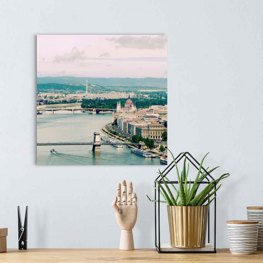A bohemian room featuring View towards Hungarian Parliament on riverside of Danube.