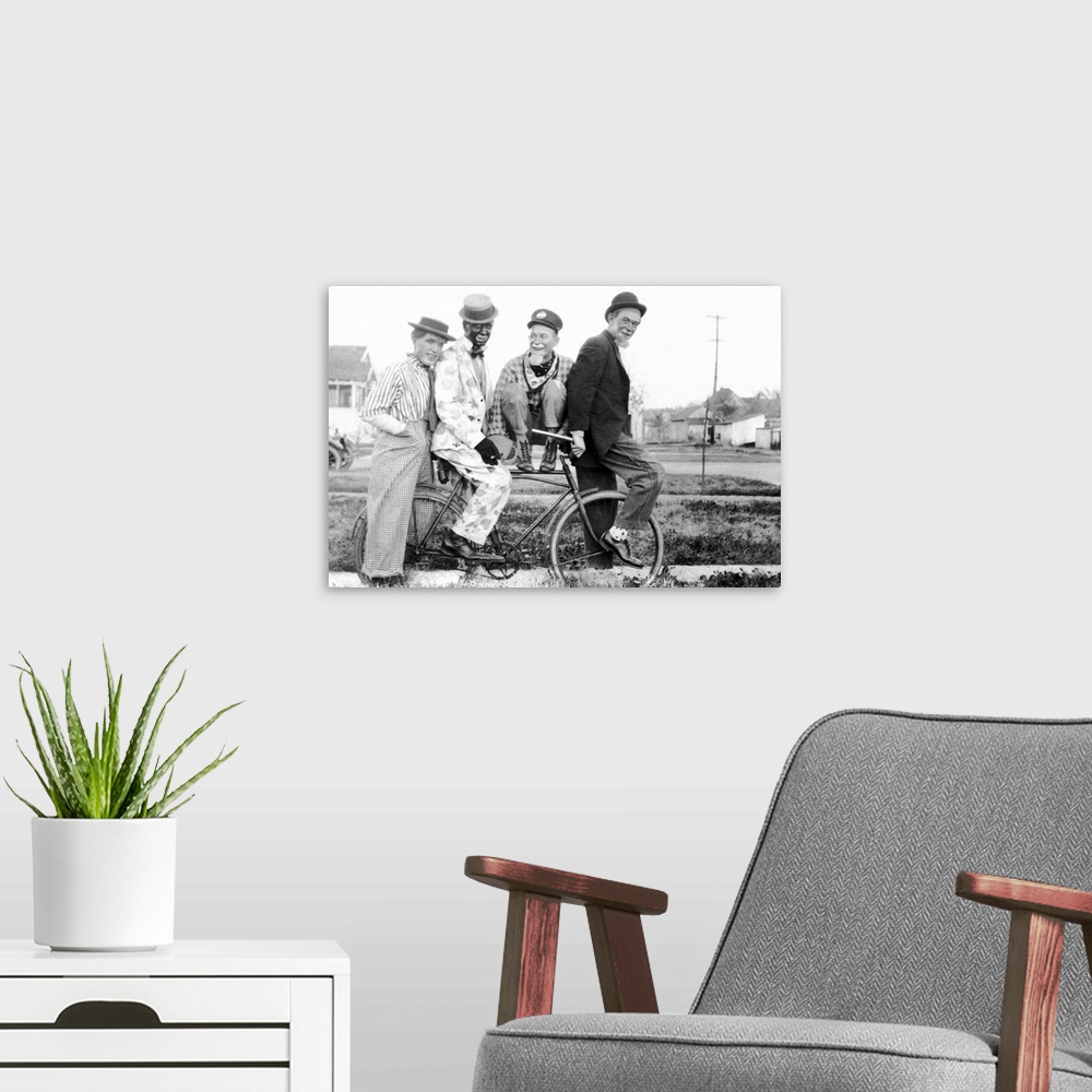 A modern room featuring Vintage image of men as clowns on bike