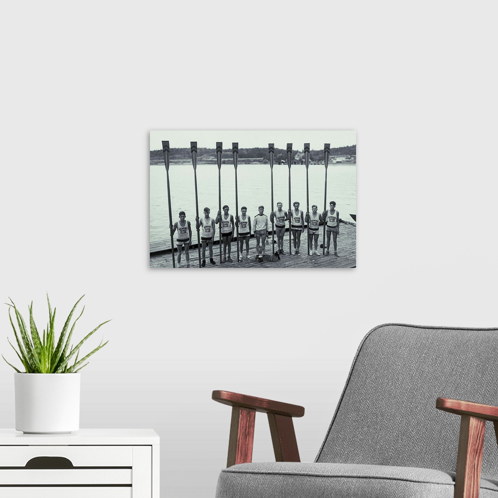 A modern room featuring Vintage photo of a crew team holding up their oars