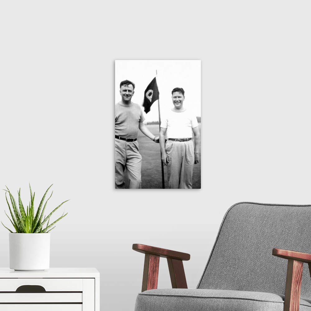 A modern room featuring Vintage portrait of men with flag