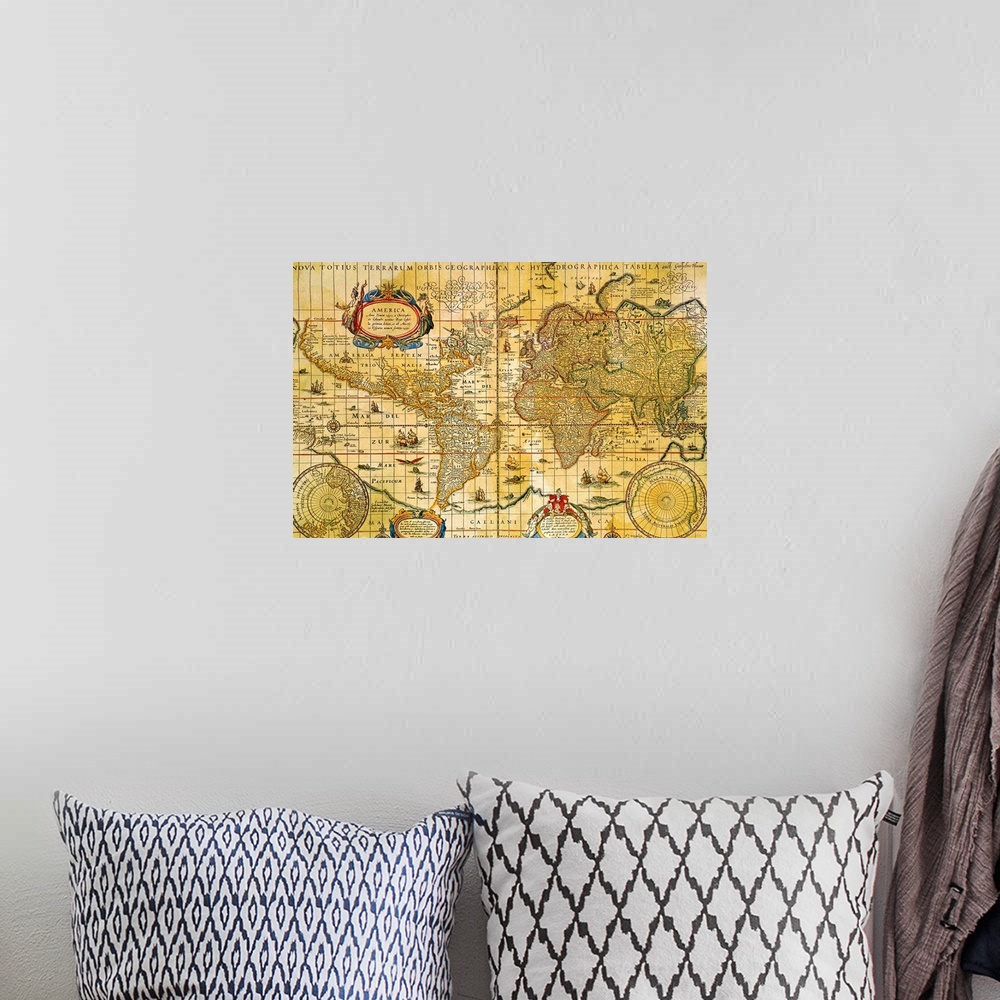 A bohemian room featuring Photograph of an antique map of the world portraying the continents with latitude and longitude l...