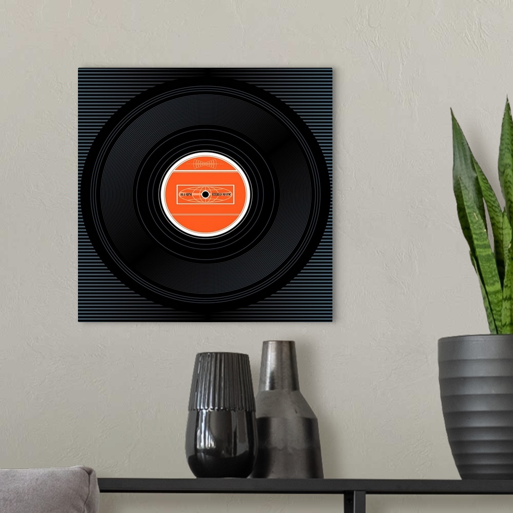A modern room featuring Vinyl record album with orange label