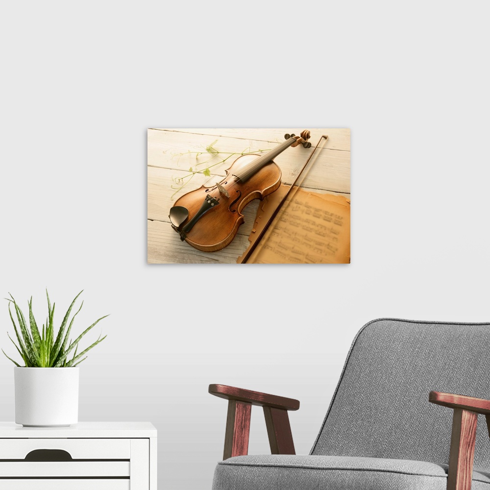 A modern room featuring Violin and music sheet