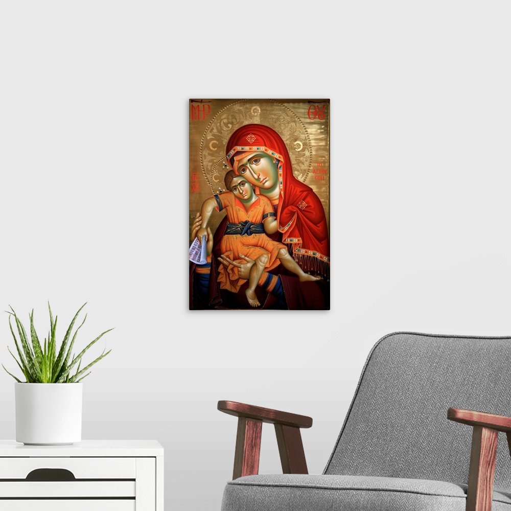 A modern room featuring Icon at Aghiou Pavlou monastery on Mount Athos:.Virgin and child