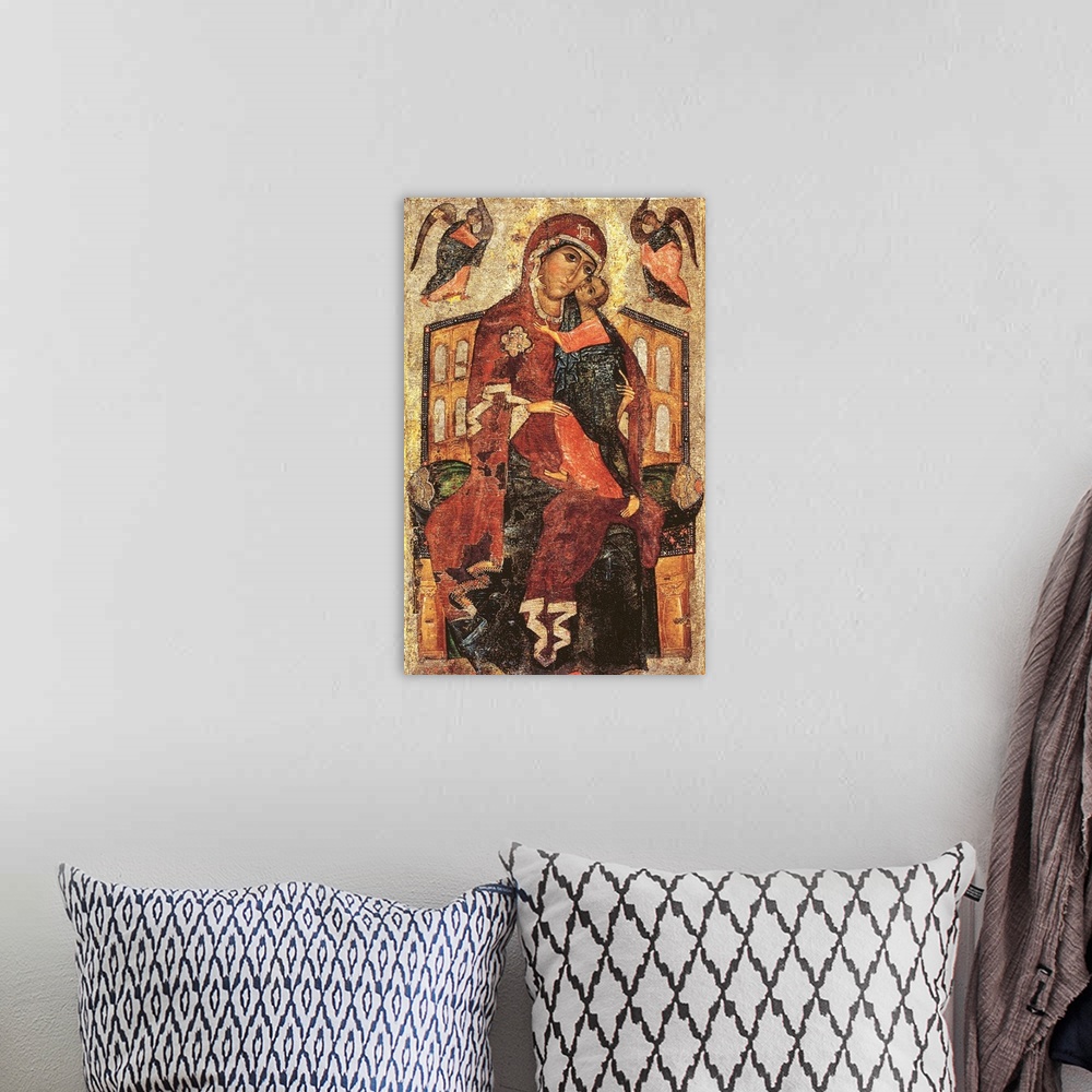 A bohemian room featuring Virgin of the Tolga, Russian Byzantine icon, 13th century, tempera and gold leaf on wood panel, 1...
