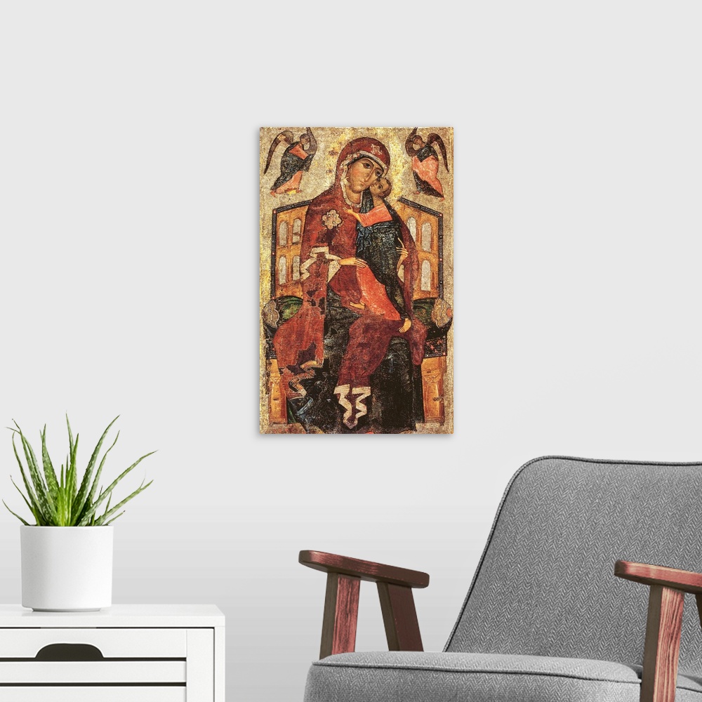 A modern room featuring Virgin of the Tolga, Russian Byzantine icon, 13th century, tempera and gold leaf on wood panel, 1...