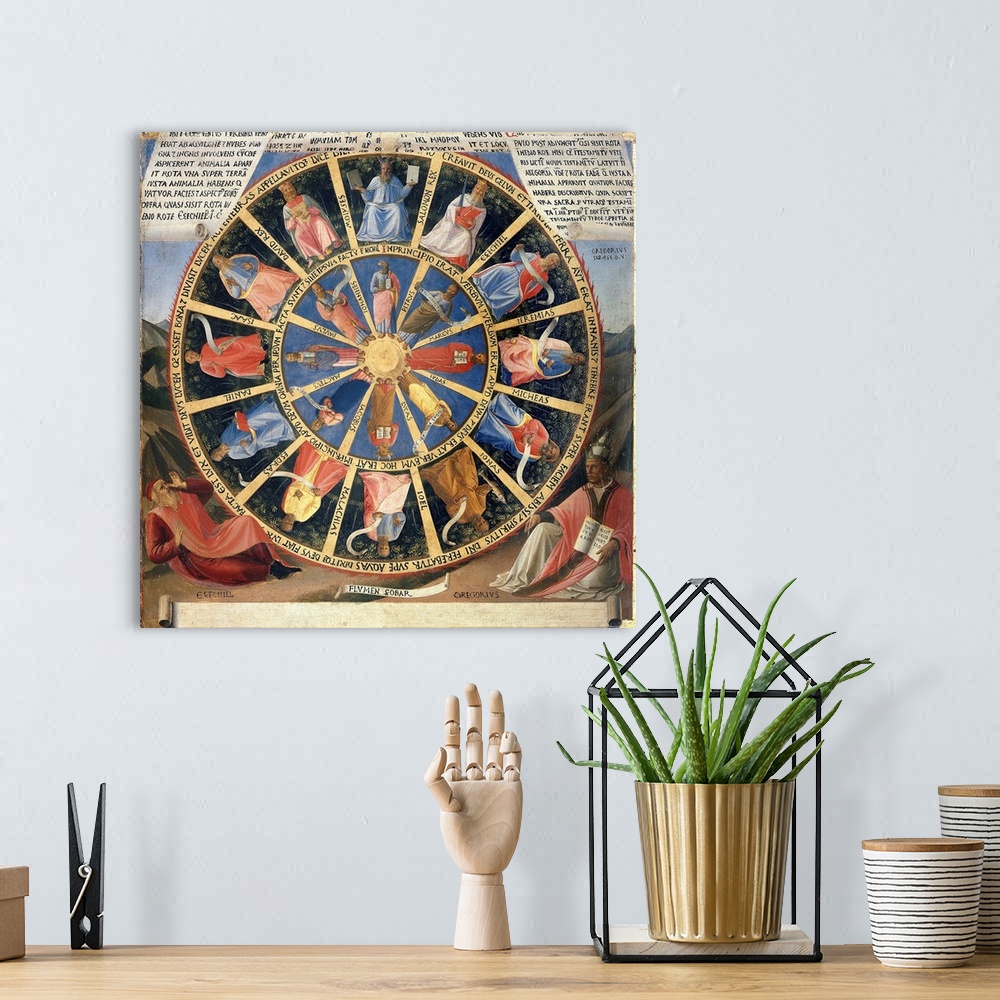 A bohemian room featuring Vision of Ezekiel from the Armadio degli Argenti Painting Series by Fra Angelico - Tempera on woo...
