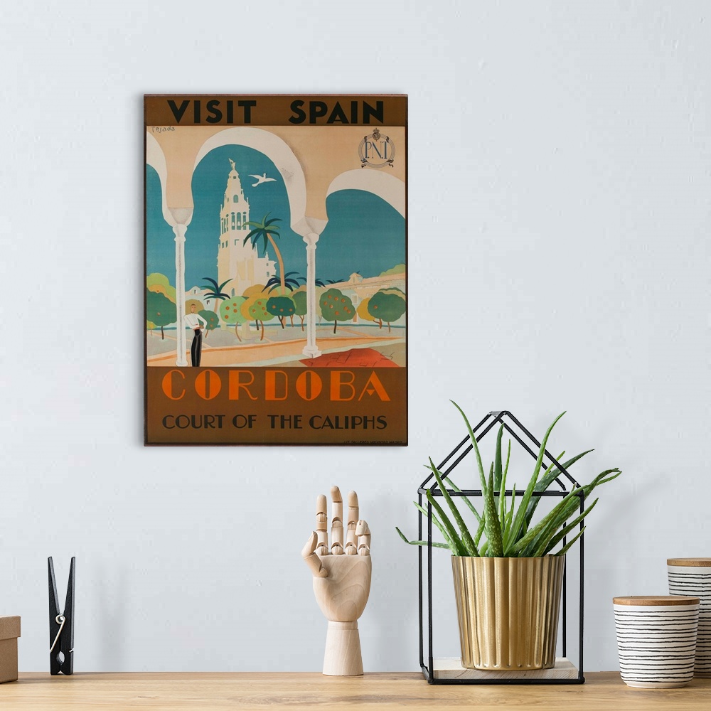 A bohemian room featuring Spanish National Railways poster illustrated by Tejada, art deco image of stylized man standing i...