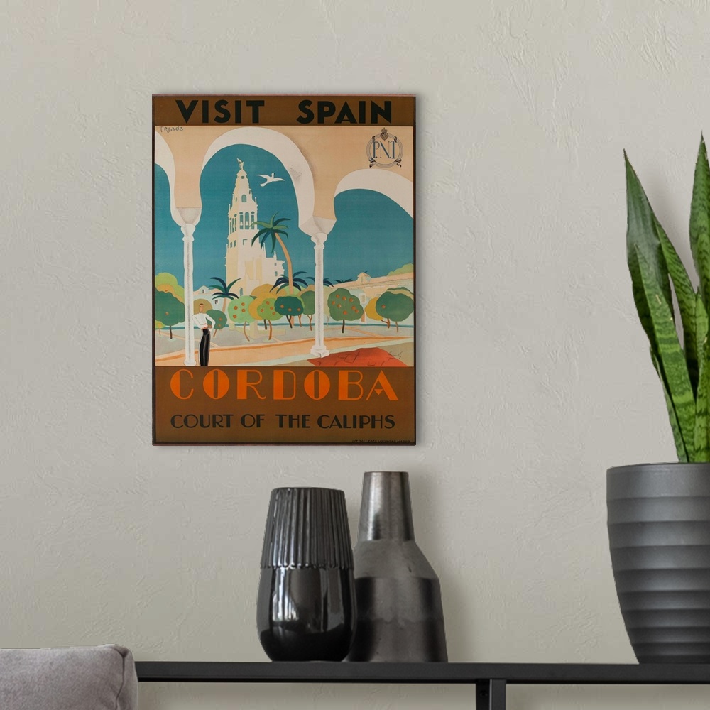 A modern room featuring Spanish National Railways poster illustrated by Tejada, art deco image of stylized man standing i...