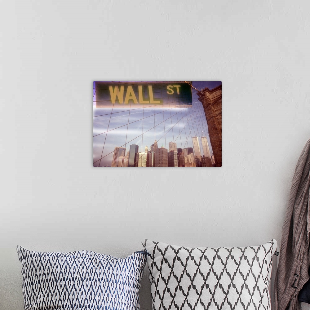 A bohemian room featuring Wall Street sign over the Brooklyn Bridge