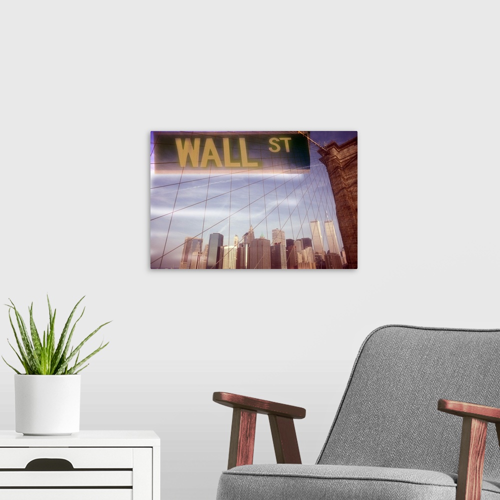 A modern room featuring Wall Street sign over the Brooklyn Bridge