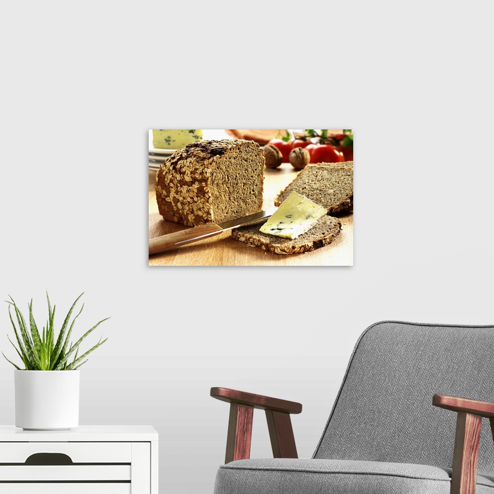 A modern room featuring Walnut bread with oats and blue cheese
