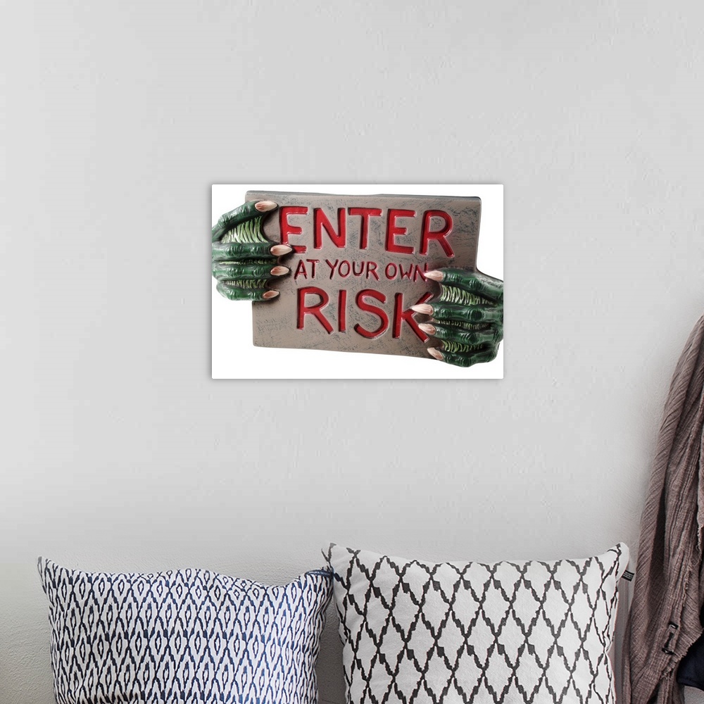 A bohemian room featuring Warning sign with monster hands