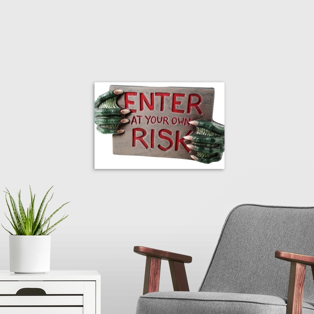 A modern room featuring Warning sign with monster hands
