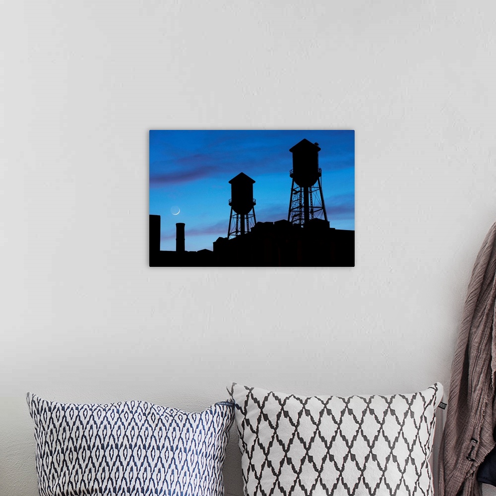 A bohemian room featuring USA, New Jersey, Jersey City, Rooftop water towers and setting crescent moon