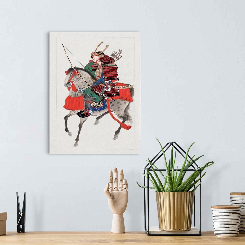 A bohemian room featuring Watercolor painting of samurai soldier on horseback with full complement of armor and weapons. Wa...