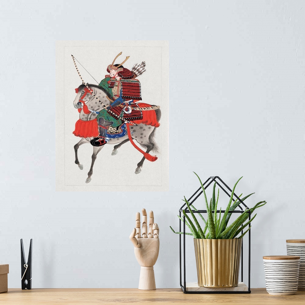 A bohemian room featuring Watercolor painting of samurai soldier on horseback with full complement of armor and weapons. Wa...