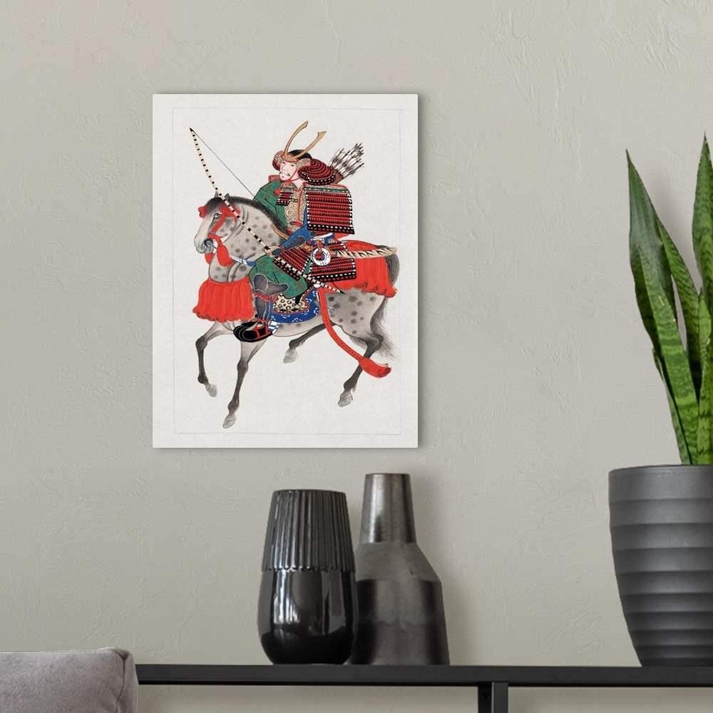 A modern room featuring Watercolor painting of samurai soldier on horseback with full complement of armor and weapons. Wa...