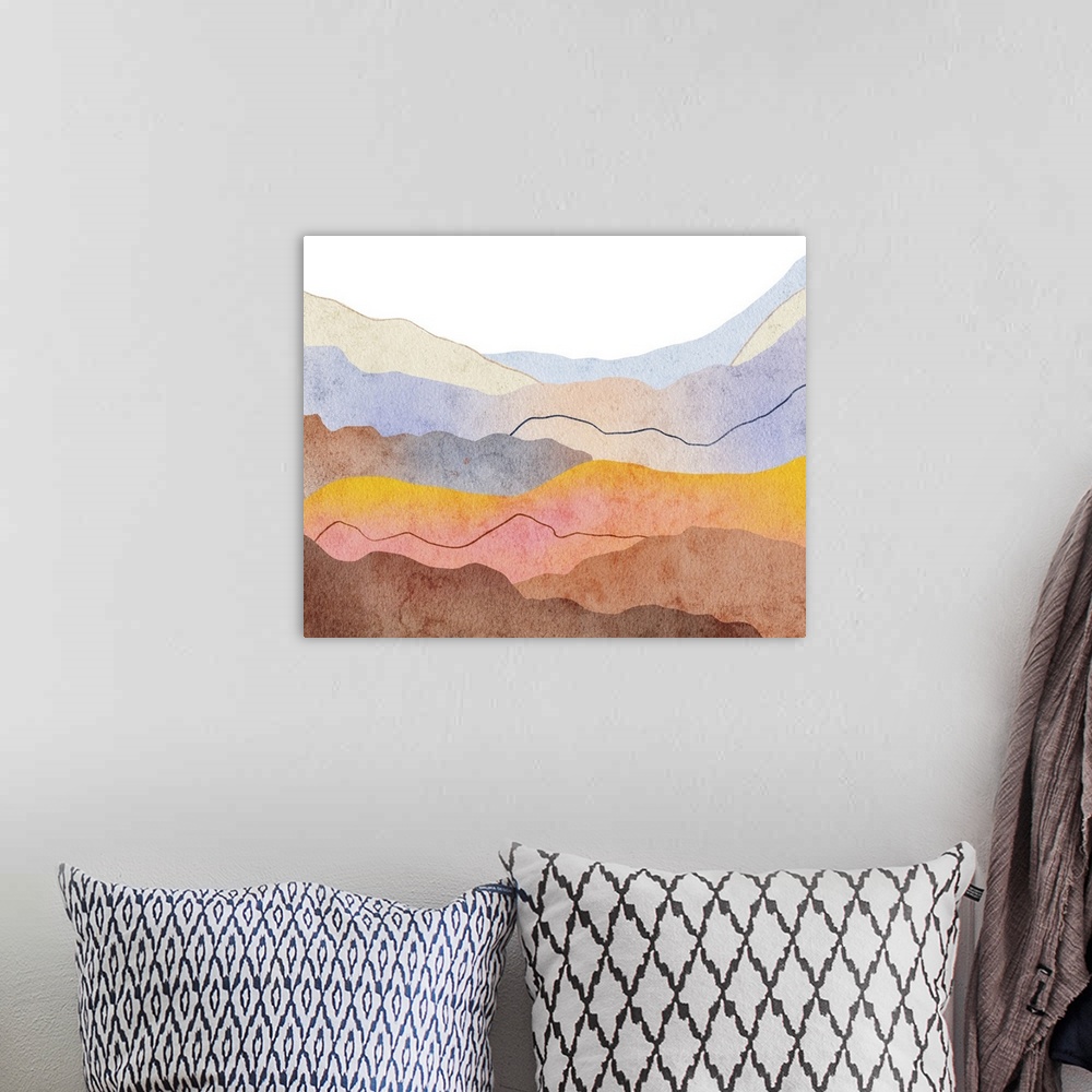 A bohemian room featuring Watercolor Wavy Mountain Silhouette