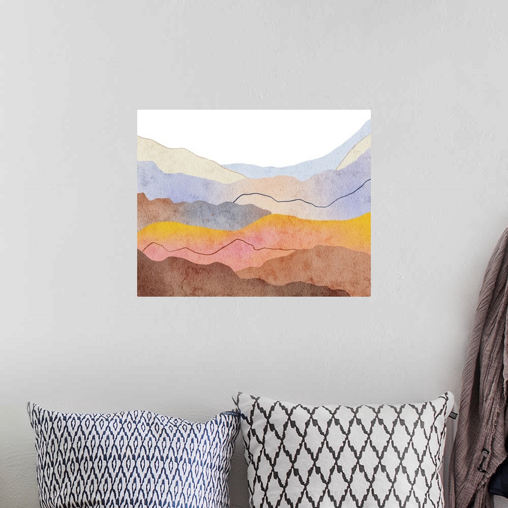 A bohemian room featuring Watercolor Wavy Mountain Silhouette