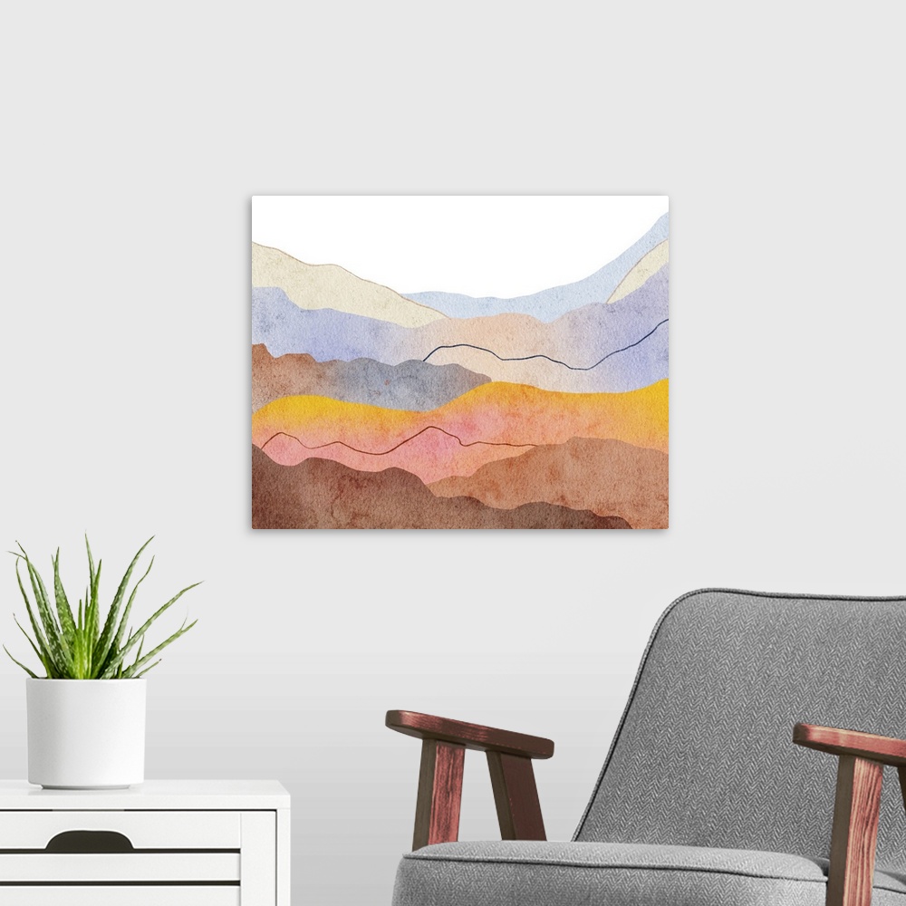 A modern room featuring Watercolor Wavy Mountain Silhouette