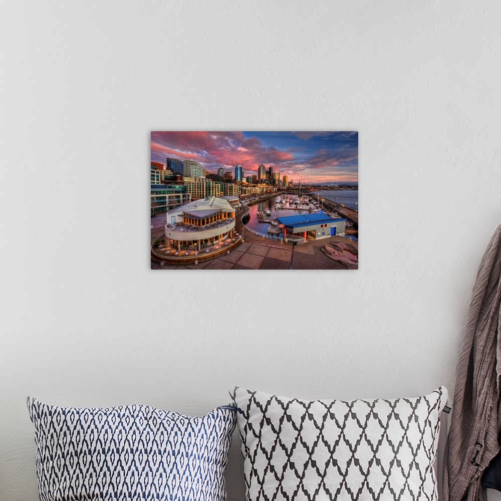 A bohemian room featuring Waterfront at Downtown Seattle Sunset, Marina, Pacific Northwest.