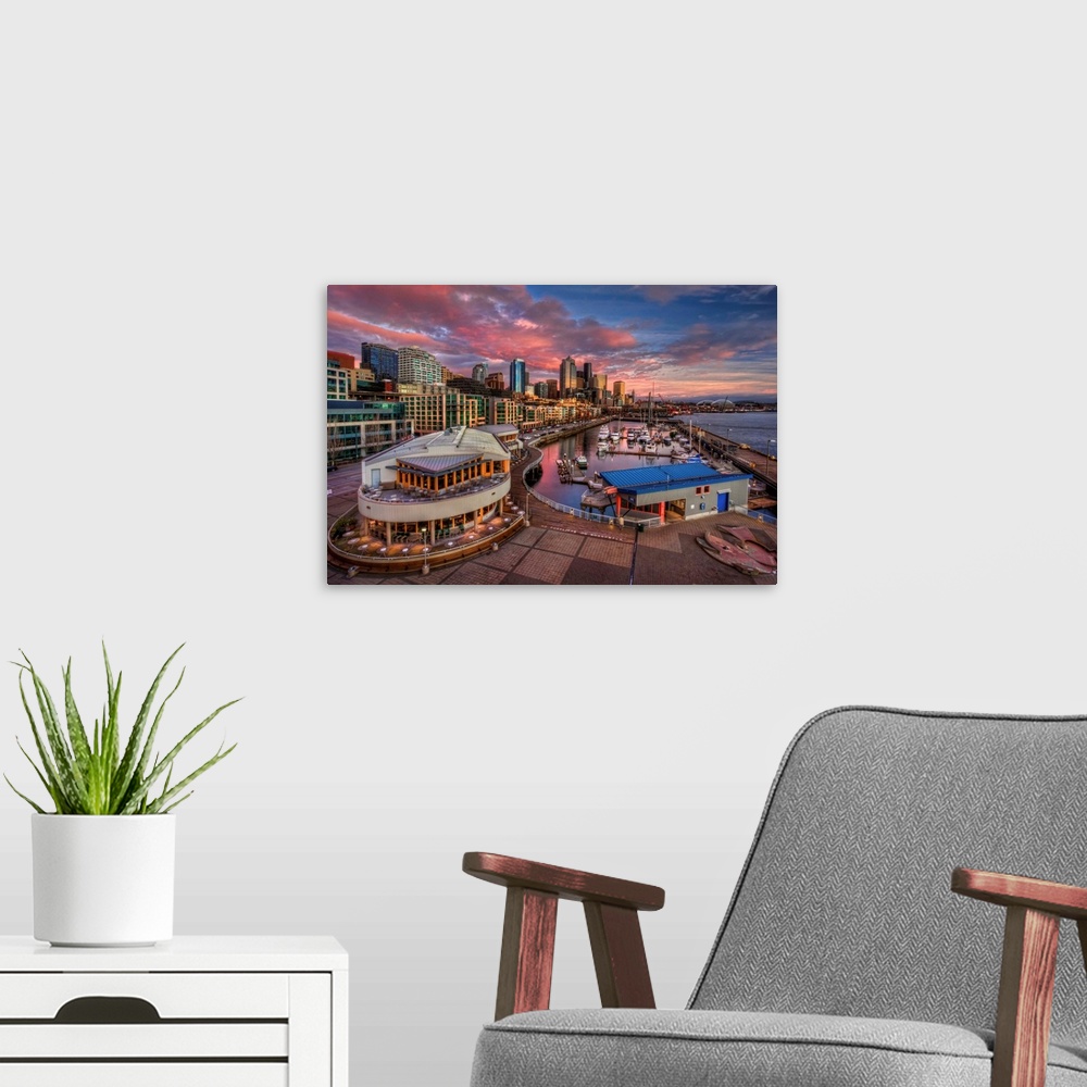 A modern room featuring Waterfront at Downtown Seattle Sunset, Marina, Pacific Northwest.