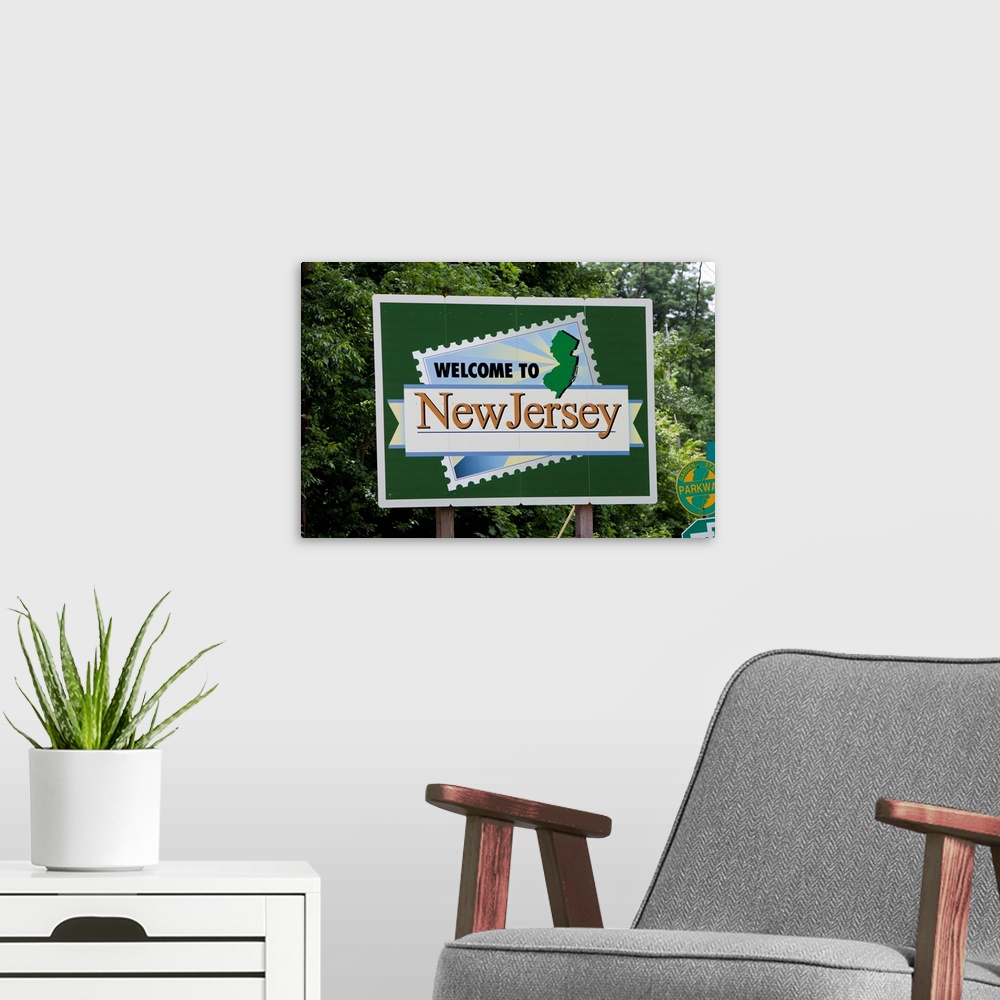 A modern room featuring USA, New Jersey, Welcome to New Jersey highway sign