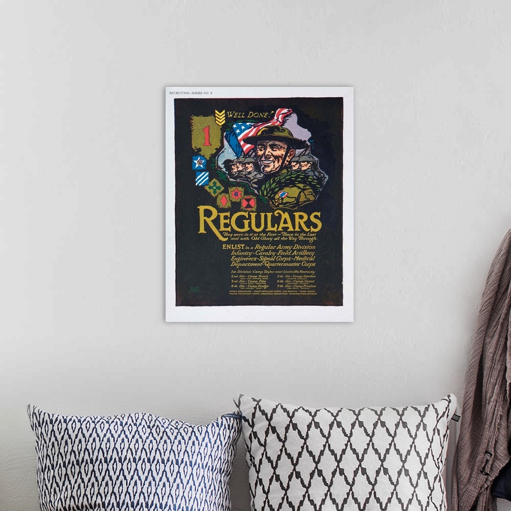 A bohemian room featuring WWI recruiting poster. Enlist in Regular Army, Infantry, Cavalry, Field Artillery, Engineers, Sig...