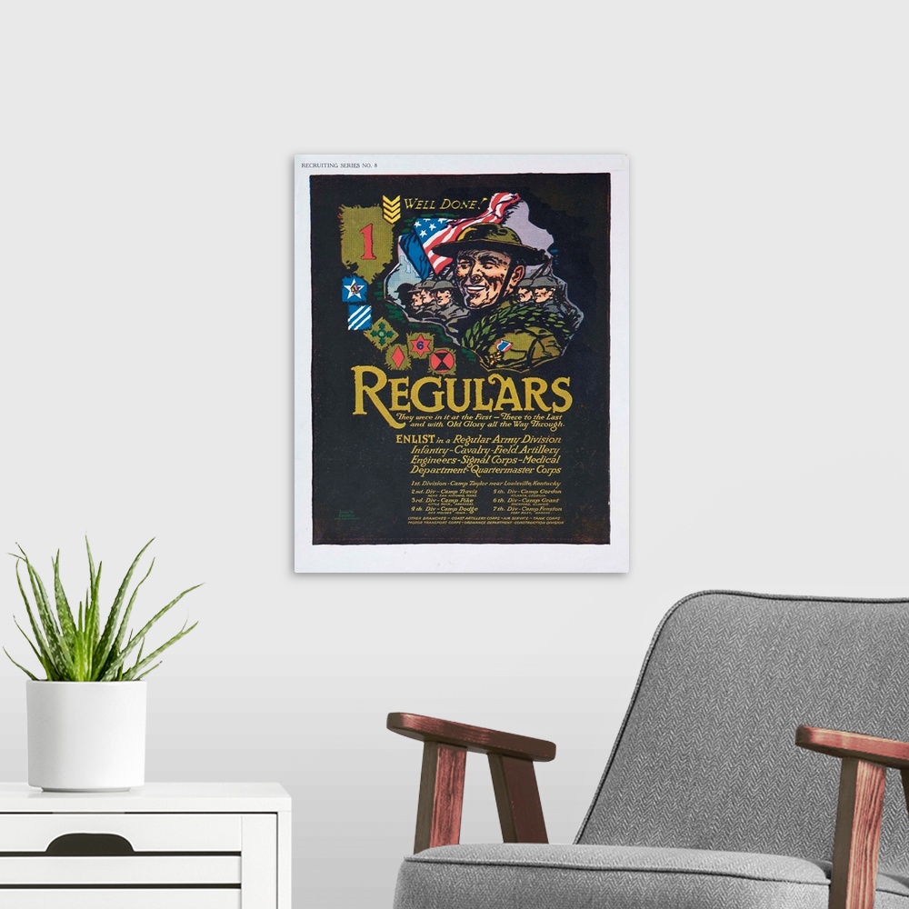 A modern room featuring WWI recruiting poster. Enlist in Regular Army, Infantry, Cavalry, Field Artillery, Engineers, Sig...