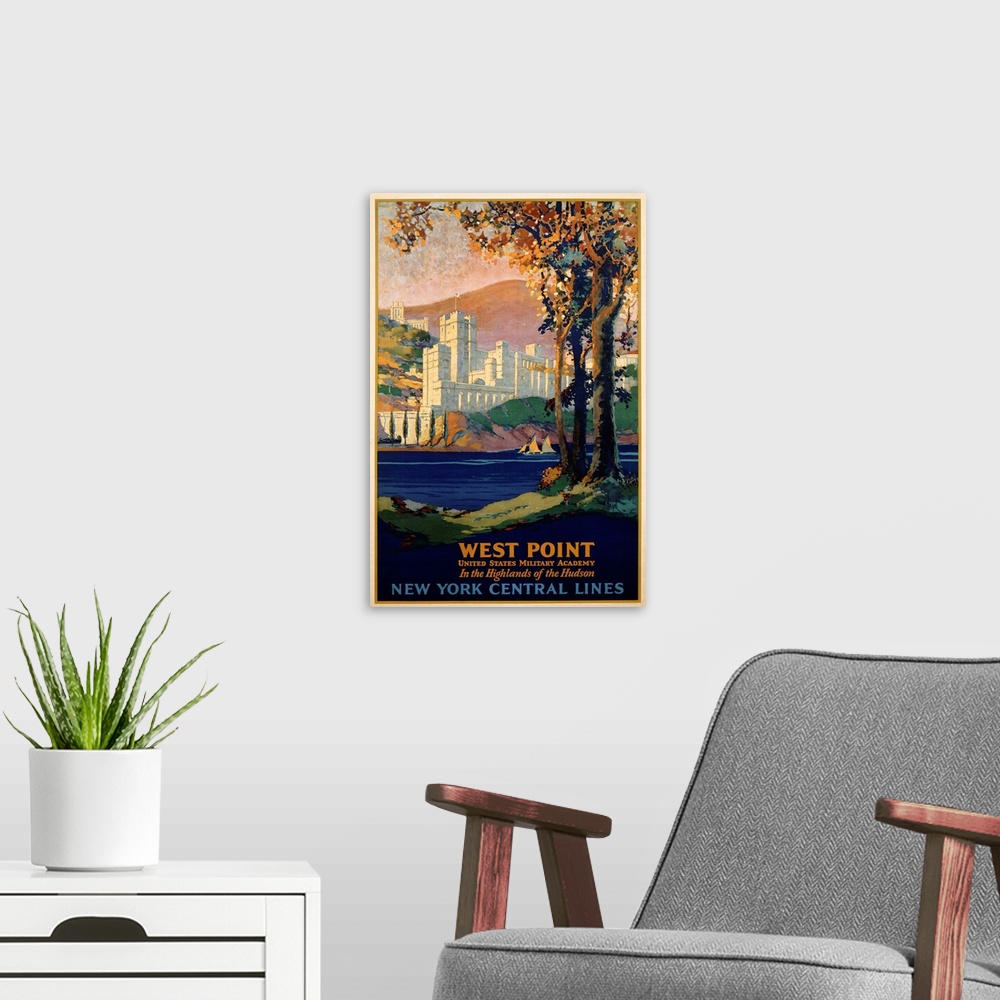 A modern room featuring West Point - New York Central Lines Travel Poster By Frank Hazell