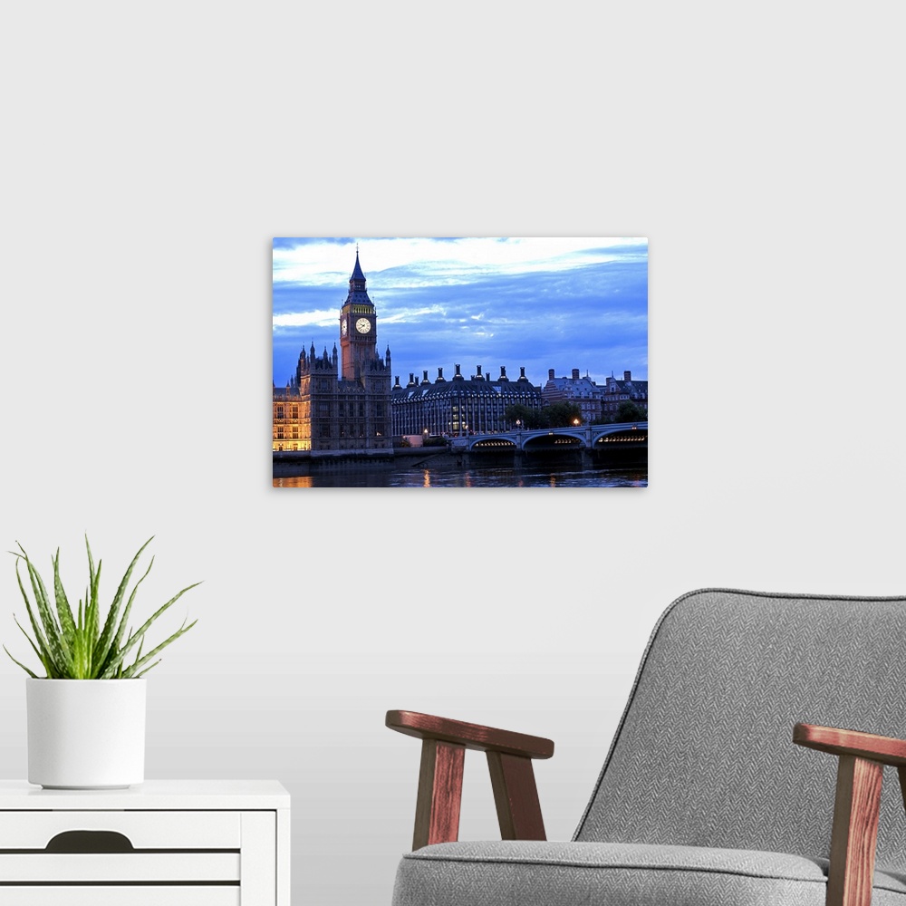 A modern room featuring Westminster Bridge and Big Ben in London, England