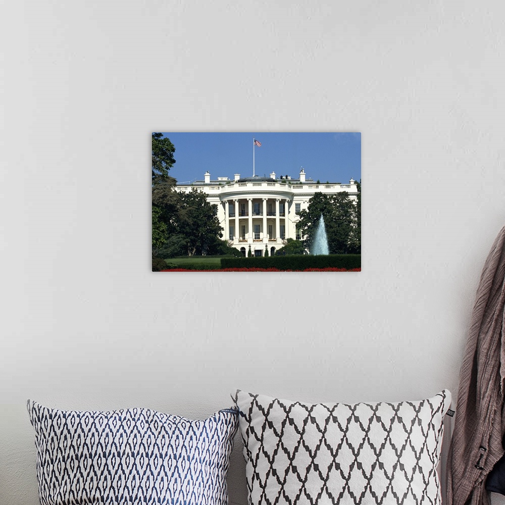 A bohemian room featuring White House exterior and grounds