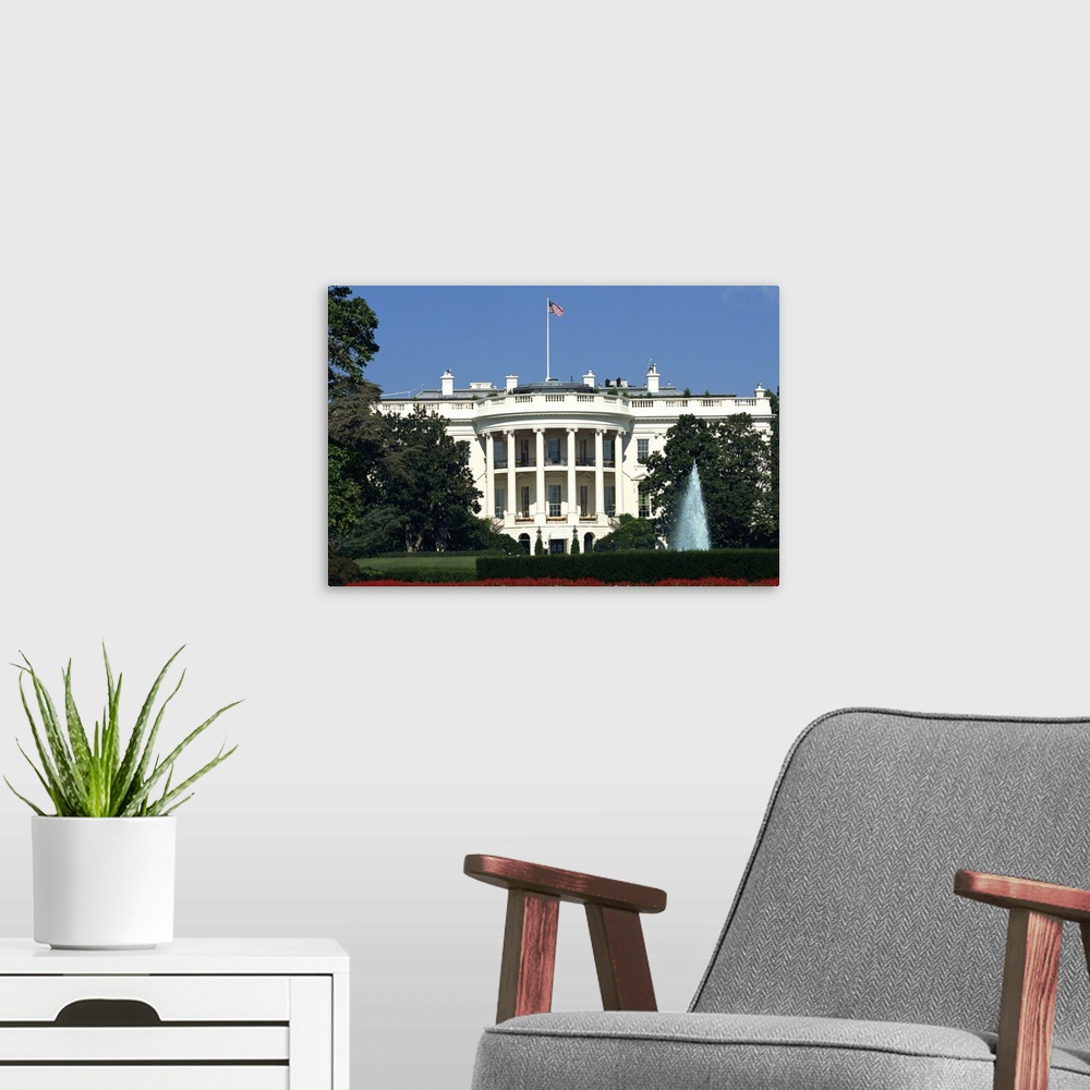 A modern room featuring White House exterior and grounds