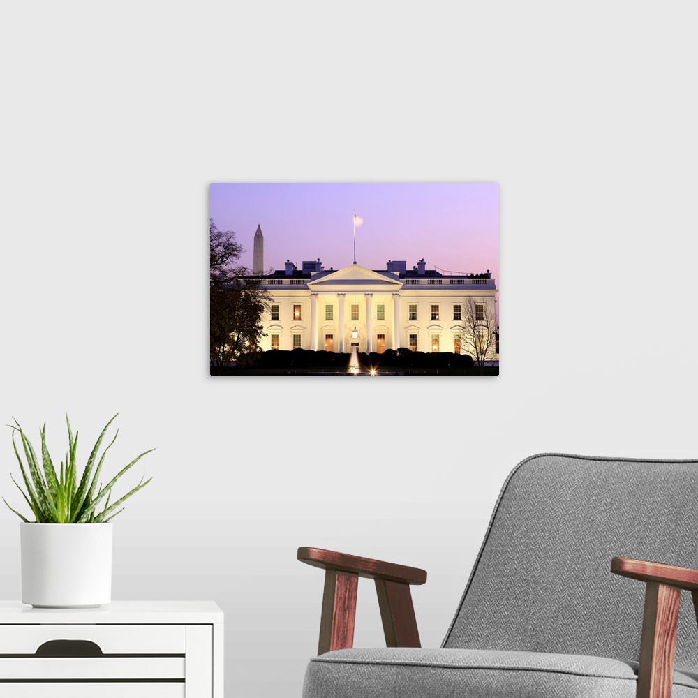 A modern room featuring White House, Washington DC at sunset