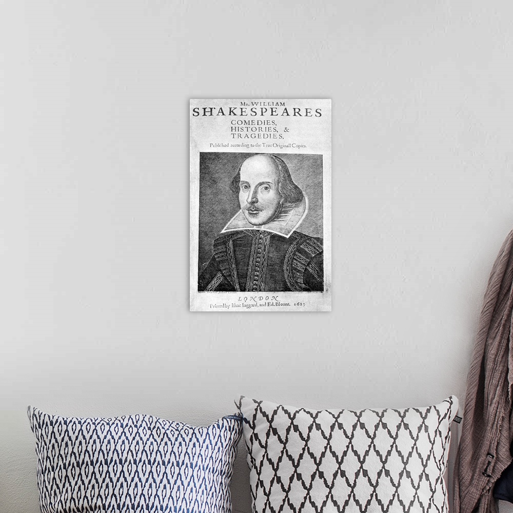 A bohemian room featuring William Shakespeare, Title page from First Folio edition