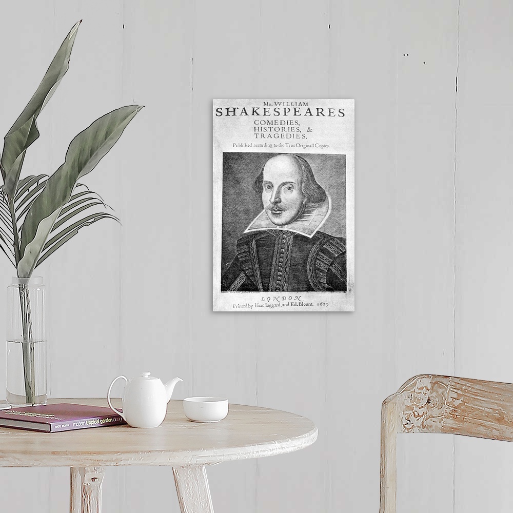 A farmhouse room featuring William Shakespeare, Title page from First Folio edition
