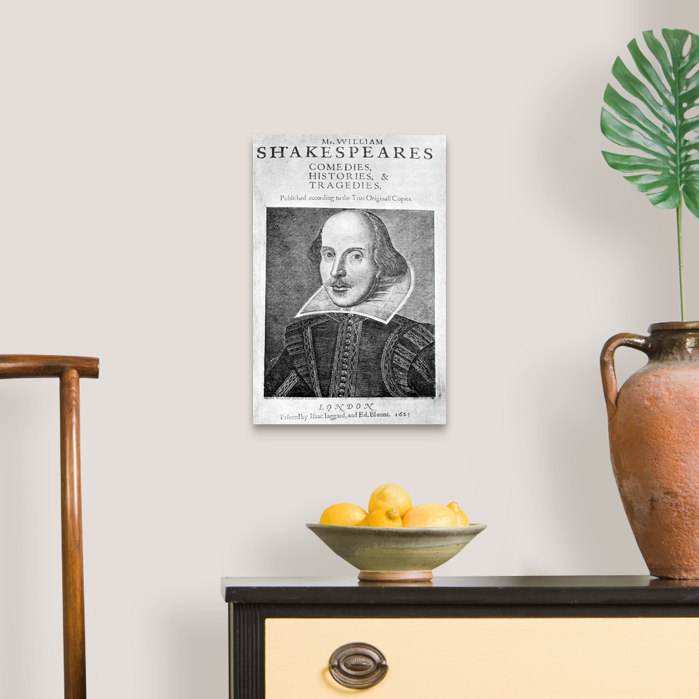 A traditional room featuring William Shakespeare, Title page from First Folio edition